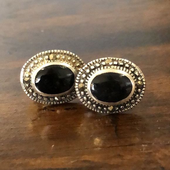 Onyx Marcasite Sterling Silver Post Stud Earrings - Picture 6 of 7